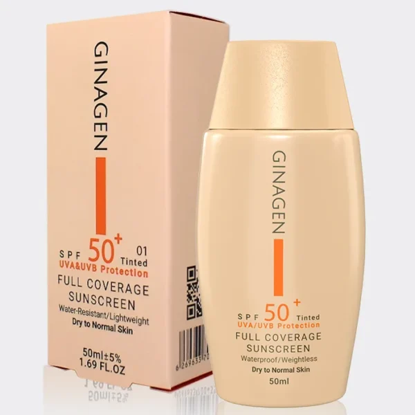 box-ginagen-dry-to-normal-tinted-sunscreen.webp کرم ضد آفتاب رنگی پوست خشک ژیناژن Ginagen Dry To Normal SPF 50 Tinted Sunscreen 50ml
