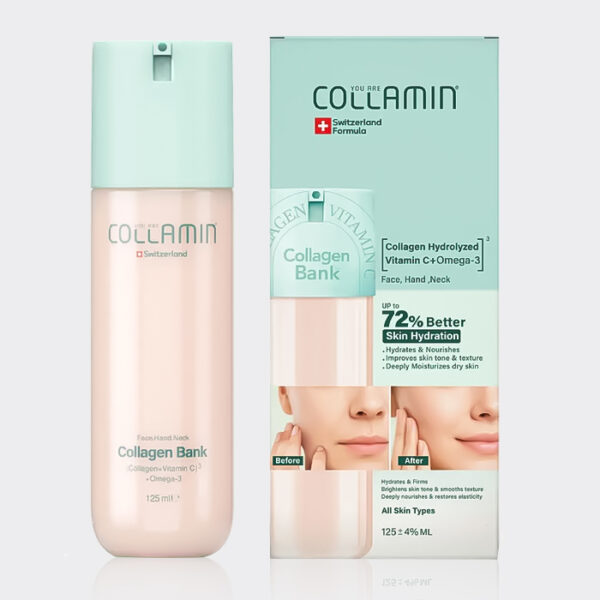 2-collamin-collagen-bank.jpg کرم مرطوب کننده و جوانساز کلاژن بانک کلامین Collamin Hydrates & Firms Collagen Cream 125ml