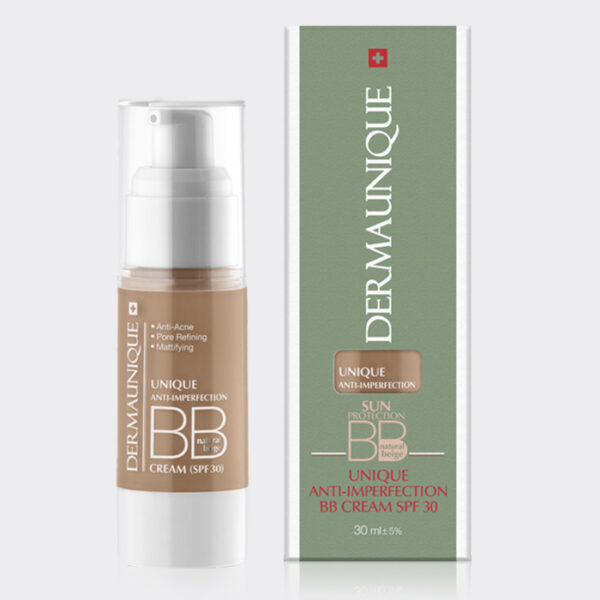 2-dermaunique-BB-cream.jpg بی بی کرم ضد جوش و کنترل چربی درمایونیک Dermaunique Anti-Imperfection SPF30 BB Cream 30ml